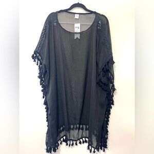 NWT Cruise Club Sheer Black Swimsuit Cover Up, Tassels, Lace Detail, One Size